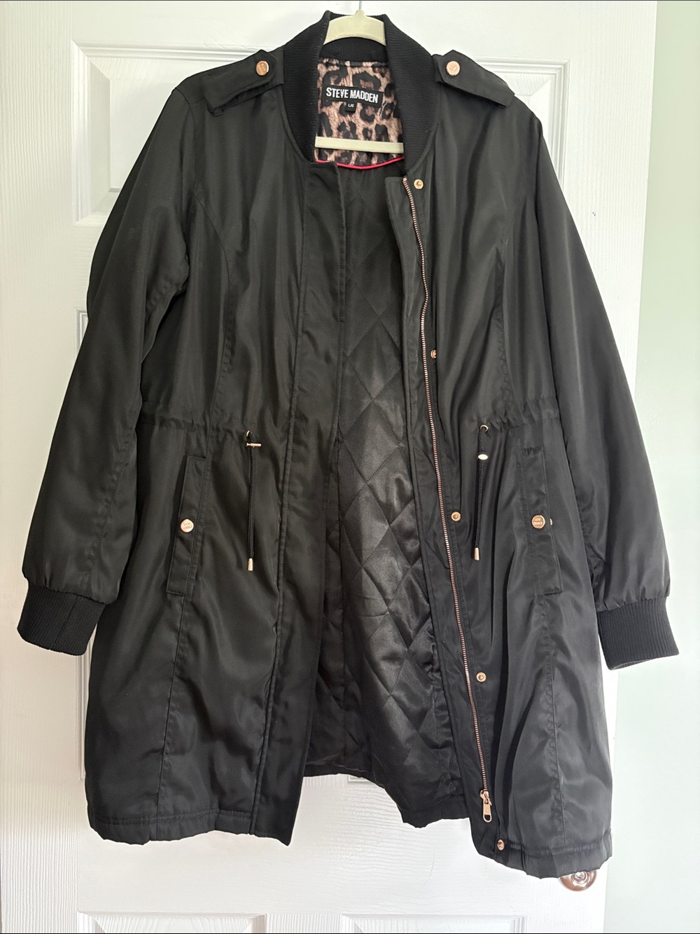 Steve Madden Black Quilted-Lined Utility Parka with Rose Gold Hardware